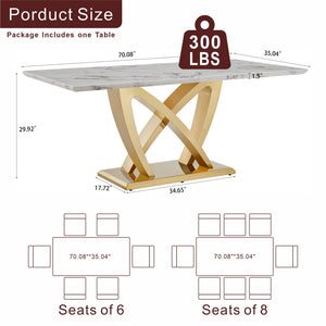 English Elm Marble Dining Table For 6-8 People, Luxurious Faux Marble Top With Gold Mirrored Base, Modern Design W3456S00052