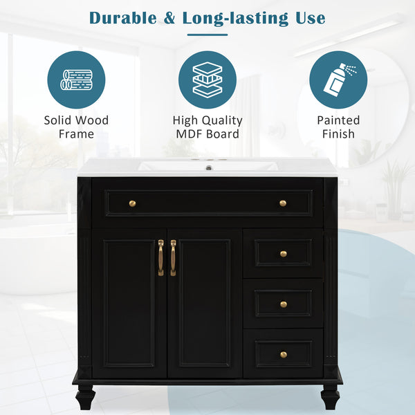 English Elm 36" Modern Bathroom Vanity with Ceramic Sink, Gold Handles, Flip-Out Drawer & Soft-Close Doors Black N725P283623B