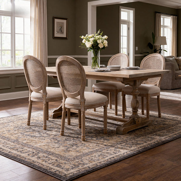 English Elm French Country Dining Chairs Set of 2 Linen Upholstered Round Back Farmhouse Seating W3426P478063