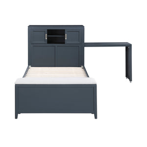 English Elm Gray Twin Platform Bed with Bookcase Headboard Hidden Desk Stool and Footboard Bench Navy Blue B011S02312