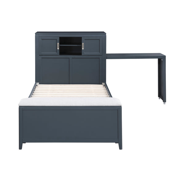 English Elm Gray Twin Platform Bed with Bookcase Headboard Hidden Desk Stool and Footboard Bench Navy Blue B011S02312