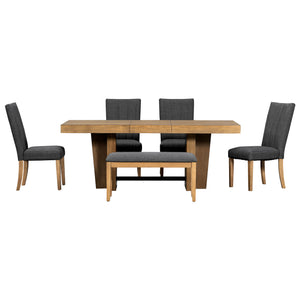English Elm Topmax Farmhouse Extendable Rubberwood Dining Set Seats Six with Bench and Linen Chairs Brown+Gray N717S000089E