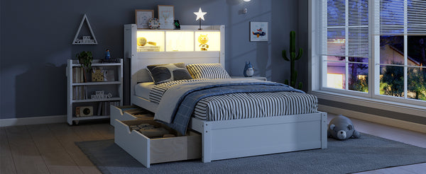 English Elm Twin Wood Storage Bed with Led Headboard Drawers and Pull Out Cabinet for Kids White W2593S00048