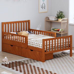 English Elm Twin Pinewood Platform Bed with Headboard, Guardrails & Two Underbed Drawers for Storage Walnut 70.6 L x 17.1 W x 5.9 H N733P172696D
