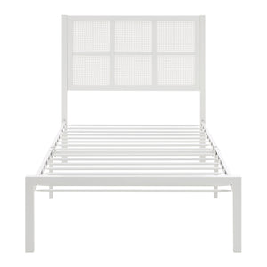 English Elm 1pc Twin Platform Bed with Dark Metal Frame and Faux Cane Panel Headboard, Coastal Casual Design, No Box Spring Needed White 47.25 L x 28 W x 3.75 H B011P214039