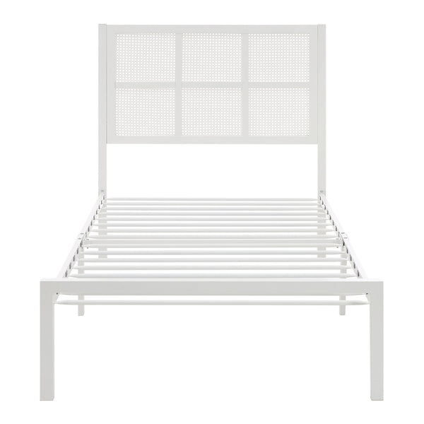 English Elm 1pc Twin Platform Bed with Dark Metal Frame and Faux Cane Panel Headboard, Coastal Casual Design, No Box Spring Needed White 47.25 L x 28 W x 3.75 H B011P214039