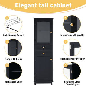 English Elm 63" Tall Bathroom Vanity Cabinet with Glass Doors, Two Drawers and Adjustable Shelves for Stylish Storage Black N729P171305B