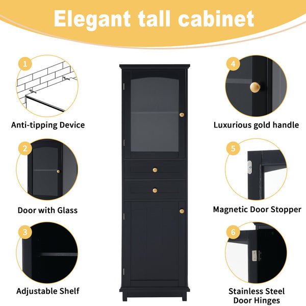 English Elm 63" Tall Bathroom Vanity Cabinet with Glass Doors, Two Drawers and Adjustable Shelves for Stylish Storage Black N729P171305B