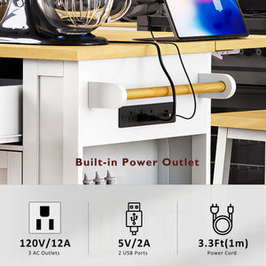 English Elm 48 Inch Rolling Kitchen Island Drop Leaf Prep Cart with Power Outlets and Open Shelving White N707S257057W