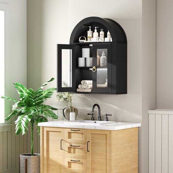 English Elm Wall Mounted Arched Cabinet Tempered Glass Doors Led Lighting Adjustable Shelves Bathroom Black T3210P471555