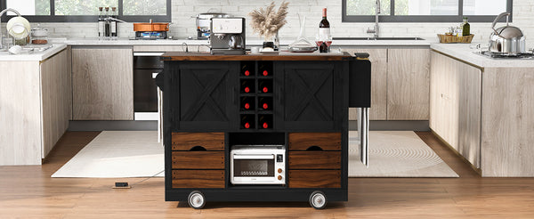 English Elm K&K 54" Farmhouse Kitchen Island Cart with Drop Leaf, Wine Rack, Power Outlet and Rolling Storage Black N707P349814B