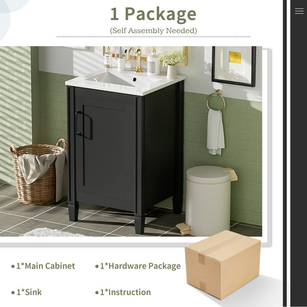 English Elm 20" Black Bathroom Vanity with Ceramic Sink, Soft-Close Door, U-Shaped Adjustable Shelf & Door Racks N729P299364B