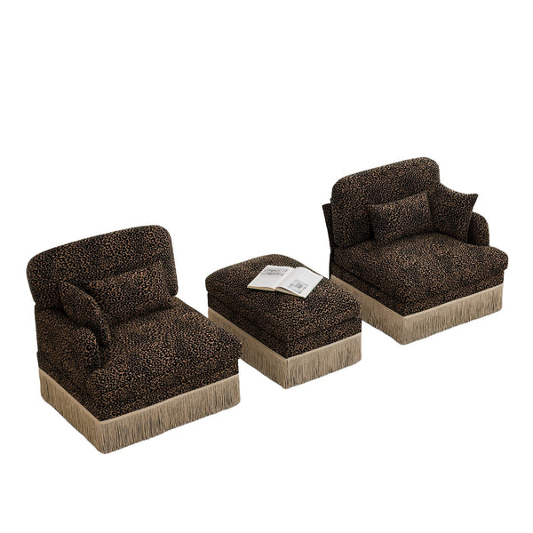 English Elm Comfy Chenille Leopard Print Loveseat with Tassel Trim Movable Ottoman Living Room Brown W5656S00011