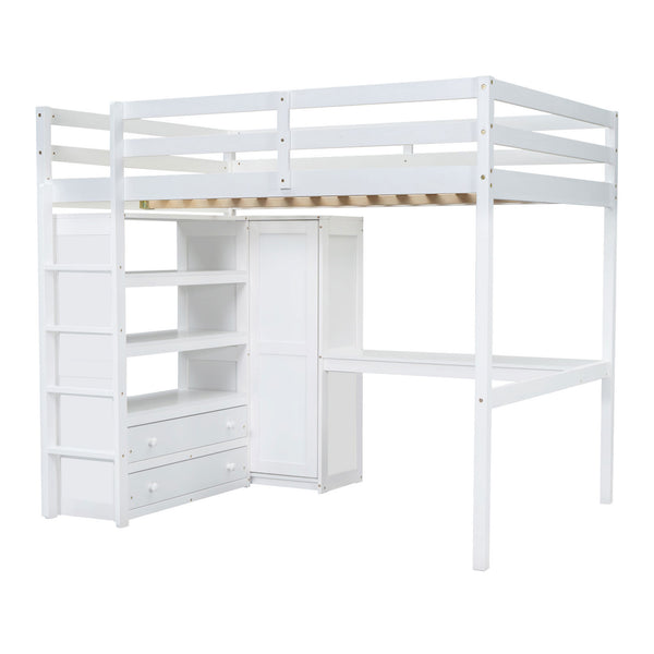 English Elm Wood Full Size Loft Bed with Built-In Desk, Wardrobe, Shelves & Drawers for Space-Saving Rooms White GX000466AAK