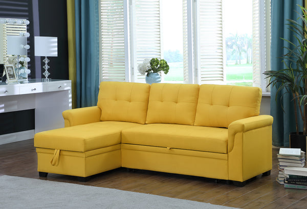 English Elm Jardin Linen Upholstered Sleeper Sectional with Reversible Chaise and Hidden Storage Yellow B2749S00009