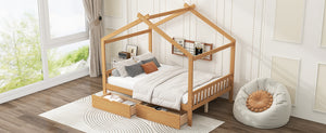 English Elm Full House Platform Bed with Roof Design and Two Drawers, Pine/MDF Durable Frame, Kid-Friendly Cozy Finish Natural WF292923AAD