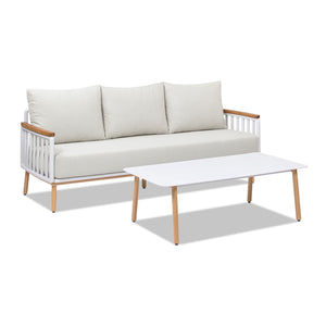 English Elm Jennifer Taylor Home - Calarono Teak & Aluminum 2pc Outdoor Sofa + Coffee Table Set in Sand Dune Chenille — Durable, UV‑Resistant Comfort and Modern Slatted Design B2719P320845