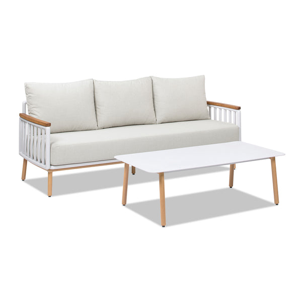 English Elm Jennifer Taylor Home - Calarono Teak & Aluminum 2pc Outdoor Sofa + Coffee Table Set in Sand Dune Chenille — Durable, UV‑Resistant Comfort and Modern Slatted Design B2719P320845