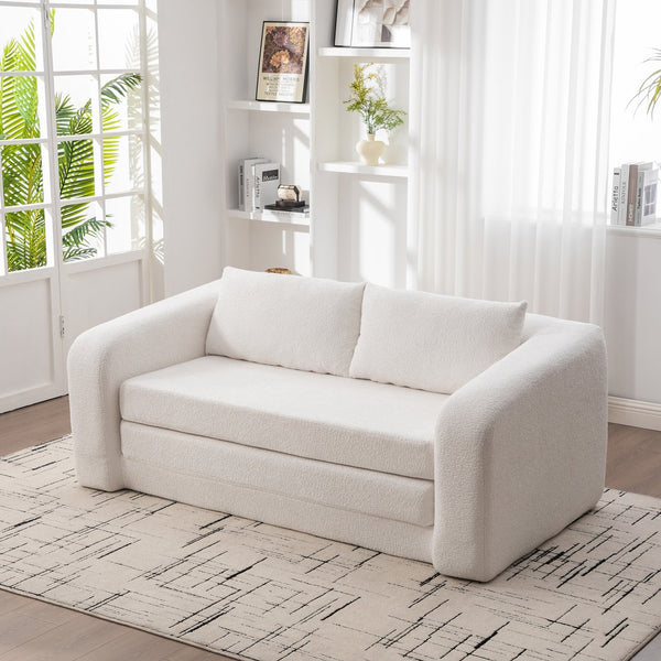 English Elm 71" Chenille Pull Out Sleeper Loveseat Convertible Floor Couch for Dorm or Guest Bedroom Ivory W3118P388899
