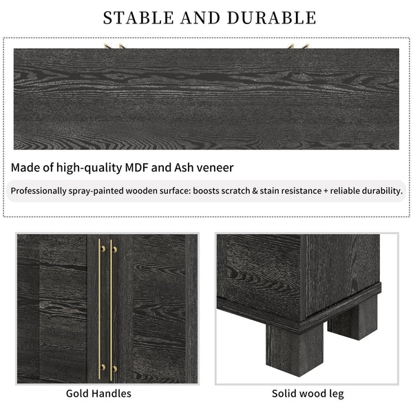 English Elm Trexm Ash Veneer Buffet with Gold Handles and Adjustable Shelves for Dining Spaces Black N715P392244B