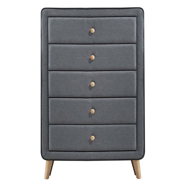 English Elm Light Grey Upholstered 5-Drawer Chest – Mid-Century Modern Design With Ample Storage & Wood Accents B062P186552