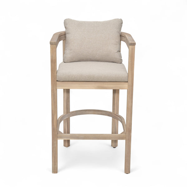 English Elm Christopher Knight Home® - Abaco Acacia Outdoor Barstool Set of 2 with Removable Gray Cushions, Rustic Curved Back Support Beige,Light White N775P294071G