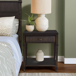 JLA Home Martha Stewart - Nightstand Kenna — Rich Dark Brown Wood Veneer, Antique Gold Knob, Fluted Drawer & Open Shelf Elegance MT136-1207