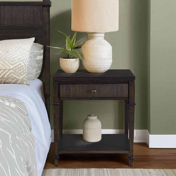 JLA Home Martha Stewart - Nightstand Kenna — Rich Dark Brown Wood Veneer, Antique Gold Knob, Fluted Drawer & Open Shelf Elegance MT136-1207