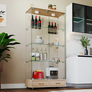 English Elm Modern Glass Display Cabinet With Led Lighting, 2 Drawers & 4 Shelves For Stylish Storage Solutions W241S00060