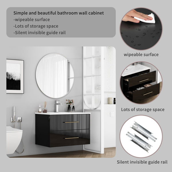 English Elm 30-Inch Sleek Black Gloss Wall-Mounted Bathroom Vanity With Integrated Sink & Easy Installation Options W3151S00054
