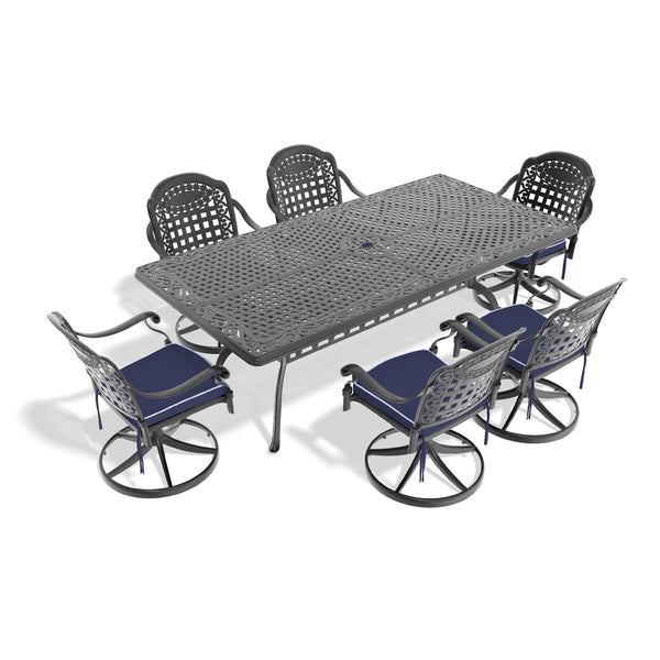 English Elm 7-Piece All-Weather Cast Aluminum Dining Set With 6 Swivel Chairs, Cushions & Rectangular Table W1710S00365