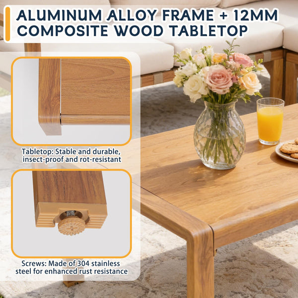 English Elm 4-piece Outdoor Aluminum Sectional with Wood Grain Finish and Cushioned Patio Seating T5880S00015