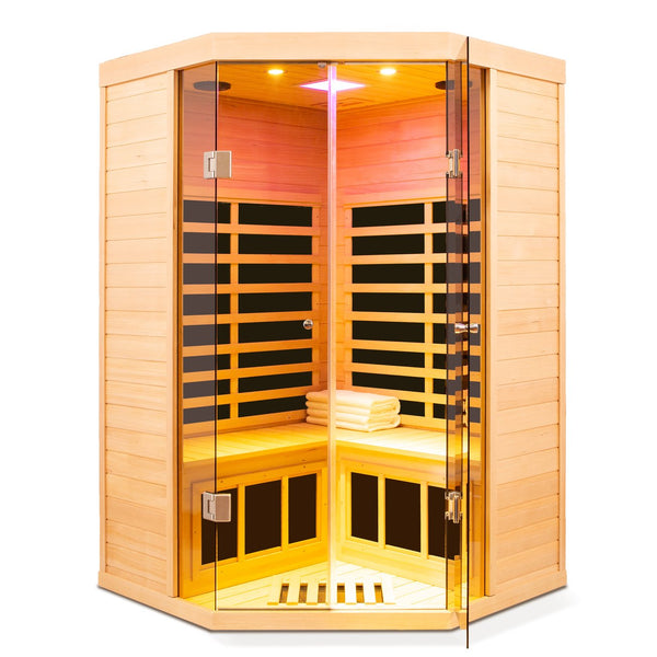 English Elm Low Emf Two Person Hemlock Far Infrared Sauna with Double Glass Doors and Bluetooth W632S00018