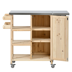 English Elm Foldable Outdoor Kitchen Cart with Stainless Worktop Fir Wood Frame and Lockable Wheels Natural N719P380281N