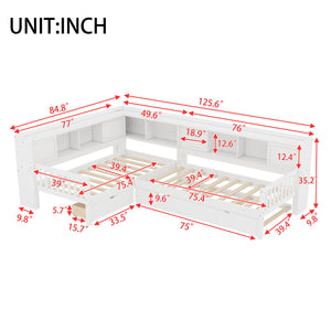 English Elm L-shaped Twin Platform Bed with Trundle, Solid Wood Corner Sleeper with Drawers, Shelves, No Box Spring Needed White W1580S00259