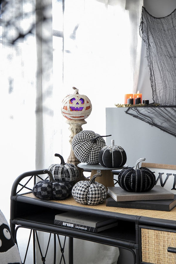 English Elm Set Of 2 Black-White Plaid Fabric Pumpkins - Cozy Rustic Décor For Fall & Halloween Displays W2078P237308-GIGA