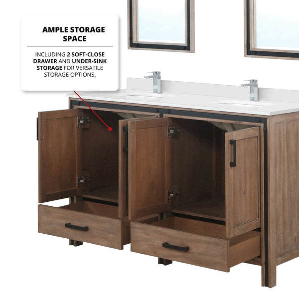 English Elm Rustic Barnwood Double Bath Vanity 60" W with White Quartz Top, Soft-Close Storage & 22" Mirrors B2731S00912