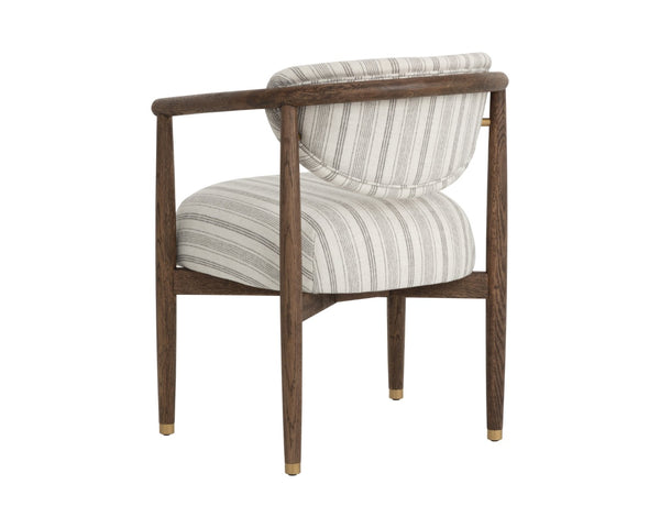 Sunpan SIGRID Dining Armchair - Antique Brown Gifford Script Fabric, Elegant Dark Oak Frame & Steel Accents 112630