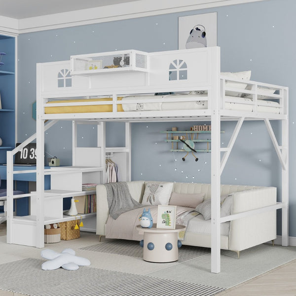 English Elm Queen Size Loft Bed With House-Shaped Guardrails, Stairs & Wardrobe - Perfect For Kids & Teens! W2593S00038-GIGA