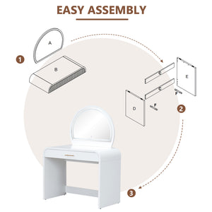 English Elm 39" Makeup Vanity Table with Touchscreen LED Mirror, Sleek Dressing Table with Drawer and Glass Top - Durable Rubberwood, Fast Assembly White N704P196658K