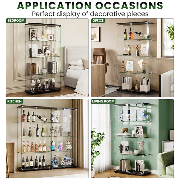 English Elm Glass Display Cabinet with Locking Double Doors, 4 Shelves 5mm Tempered Glass, Modern Black Showcase for Living Room Bedroom Office Collections W3190P271476