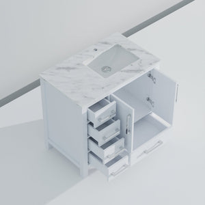 English Elm White Bath Vanity 36" W X 22" D With Right Offset Sink, Elegant Carrara Marble Top & Storage Solutions B2731P258809-GIGA