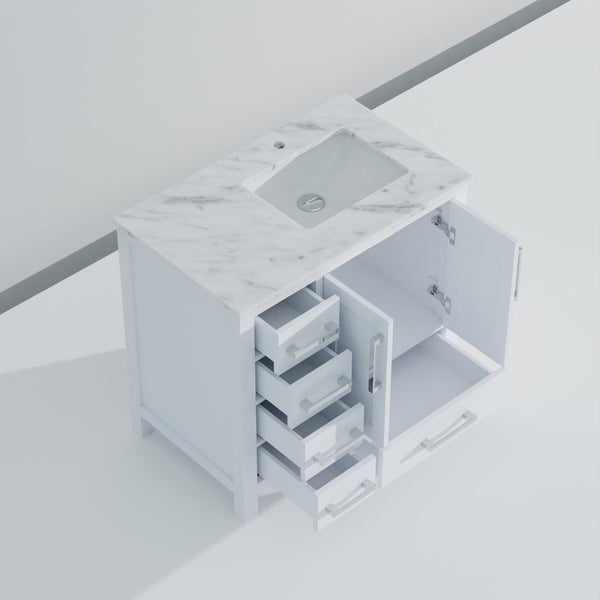 English Elm White Bath Vanity 36" W X 22" D With Right Offset Sink, Elegant Carrara Marble Top & Storage Solutions B2731P258809-GIGA