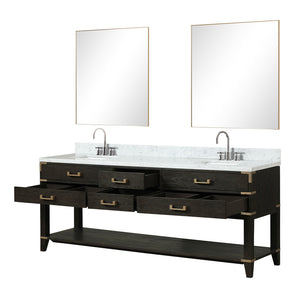 English Elm Black Oak Double Bath Vanity 84" With Carrara Marble Top & 36" Mirrors - Elegant Storage Solution! B2731S02169