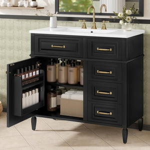 English Elm 36-Inch Bathroom Vanity With Ceramic Sink Top, Adjustable Shelf, And Modern Flip Drawer Design For Storage N725P350849B
