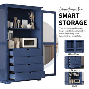 English Elm Topmax Solid Pine Pantry Cabinet with Glass Doors Four Drawers Kitchen Storage SP000086AAC