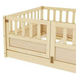 English Elm Twin Size Floor Bed With High Security Barrier & Child-Safe Door - Montessori Natural Wood Frame W1858P197426-GIGA