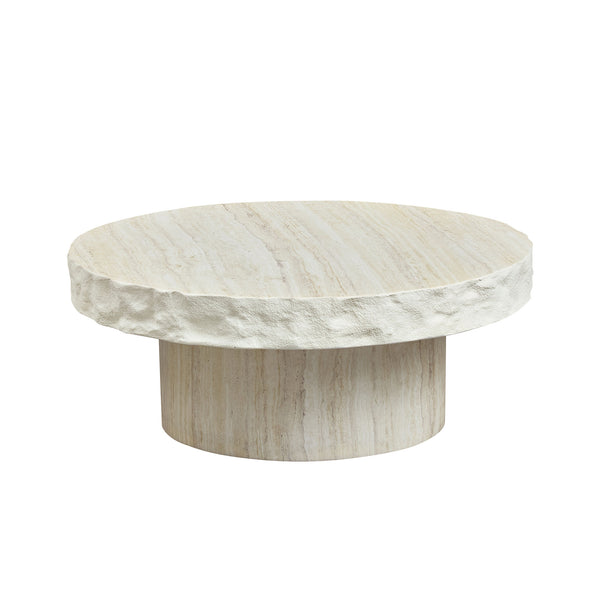 English Elm 31.69 Inch Round Fiberglass Coffee Table Sculptural Stone Finish for Modern Living Room W876P450501