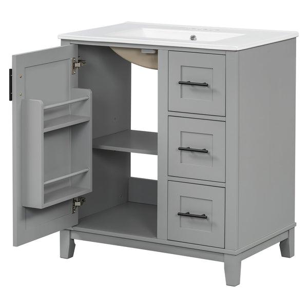 English Elm 30-inch Modern Bathroom Vanity with Ceramic Basin, Rubberwood Frame, Soft-Close Drawers & Organized Storage Grey N729P290689E