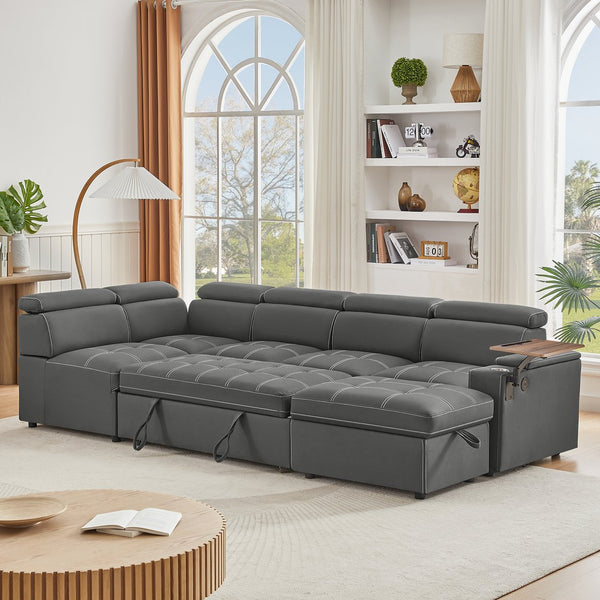 English Elm Grey Fabric Sectional Sofa Bed with Storage Ottoman, Pocket Spring Seats, Foam Comfort, Black Legs W588S00074
